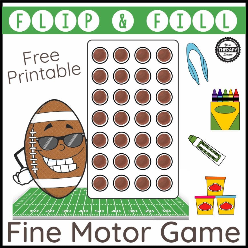 Fall is the perfect time for football fun! This football fine motor activity is a free printable to play a fun game that will challenge fine motor skills, finger strengthening, and eye hand coordination.