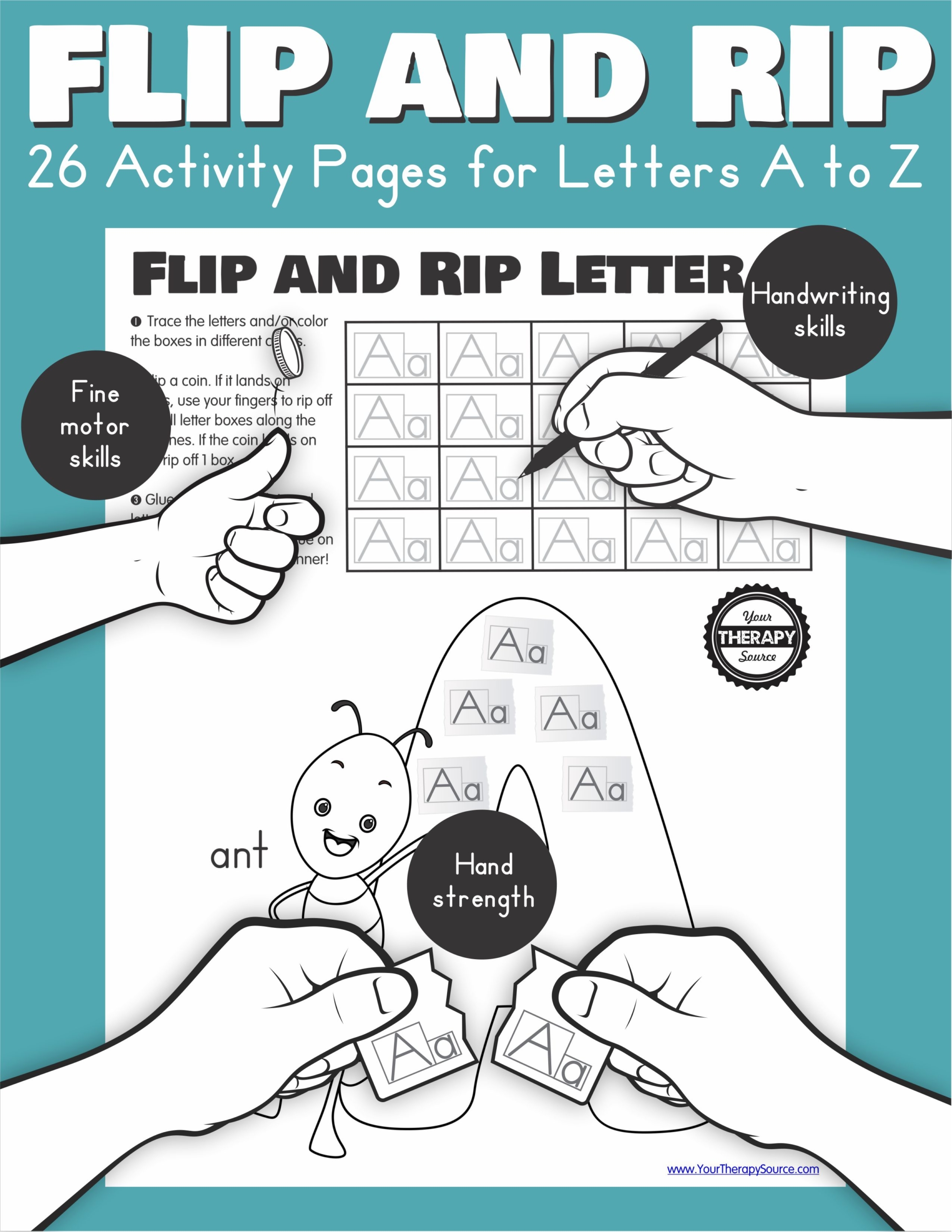 The Flip and Rip Letters A to Z includes 26 activity pages to encourage handwriting practice, fine motor skills, and hand strengthening.