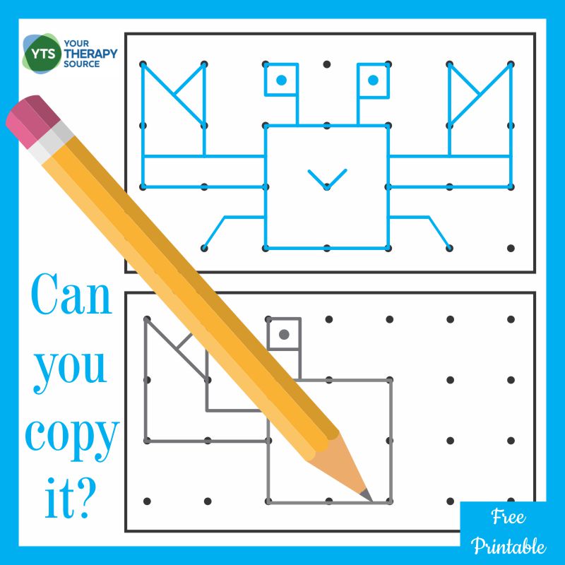 This free visual spatial printable is a visual motor exercise to try to copy the crab. The dot to dot diagram challenges children to learn whether to draw lines up, down, left, or right to create the picture.
