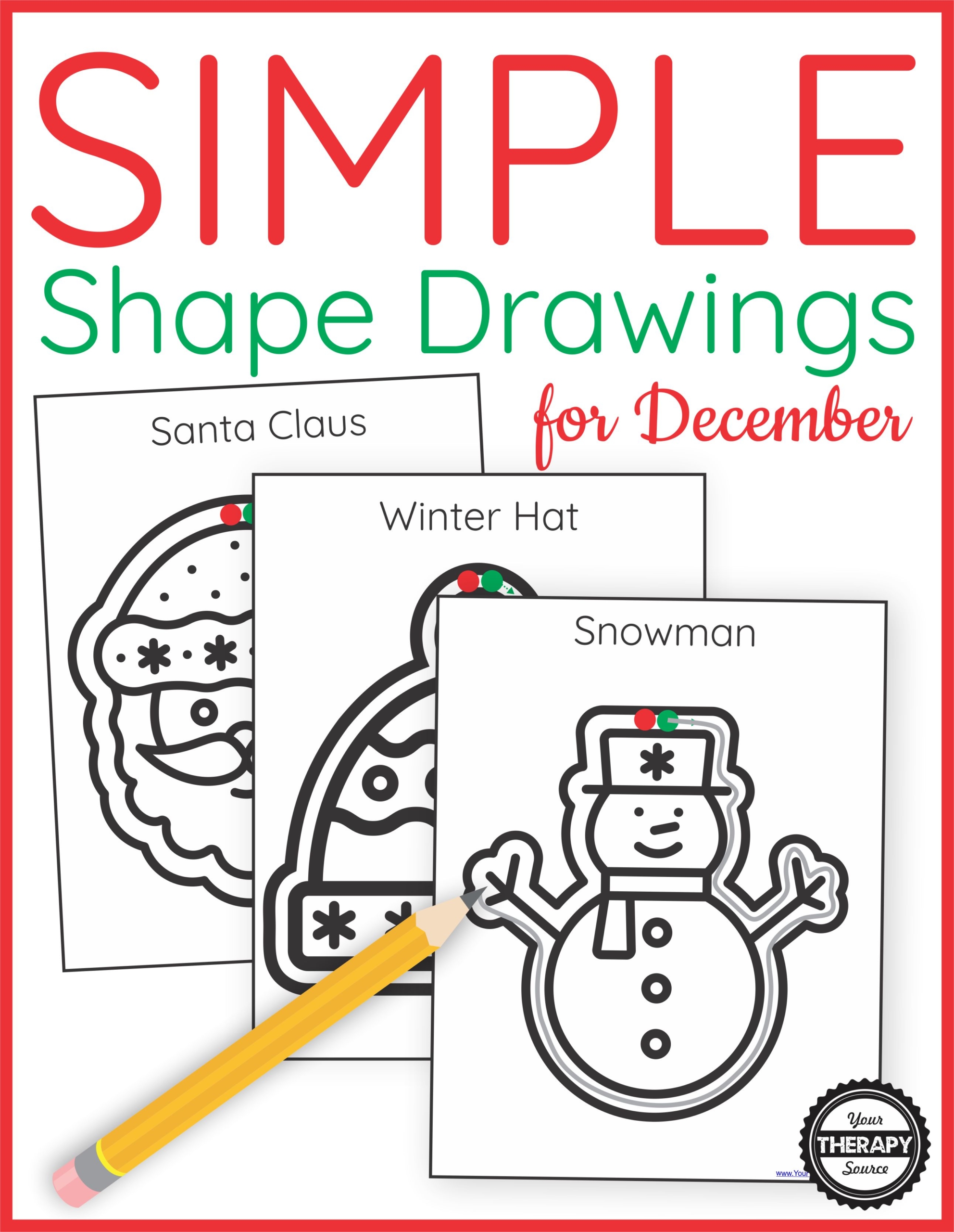 The December Simple Shape Drawings digital download includes 25 simple pictures to draw around the outline. Created by Your Therapy Source
