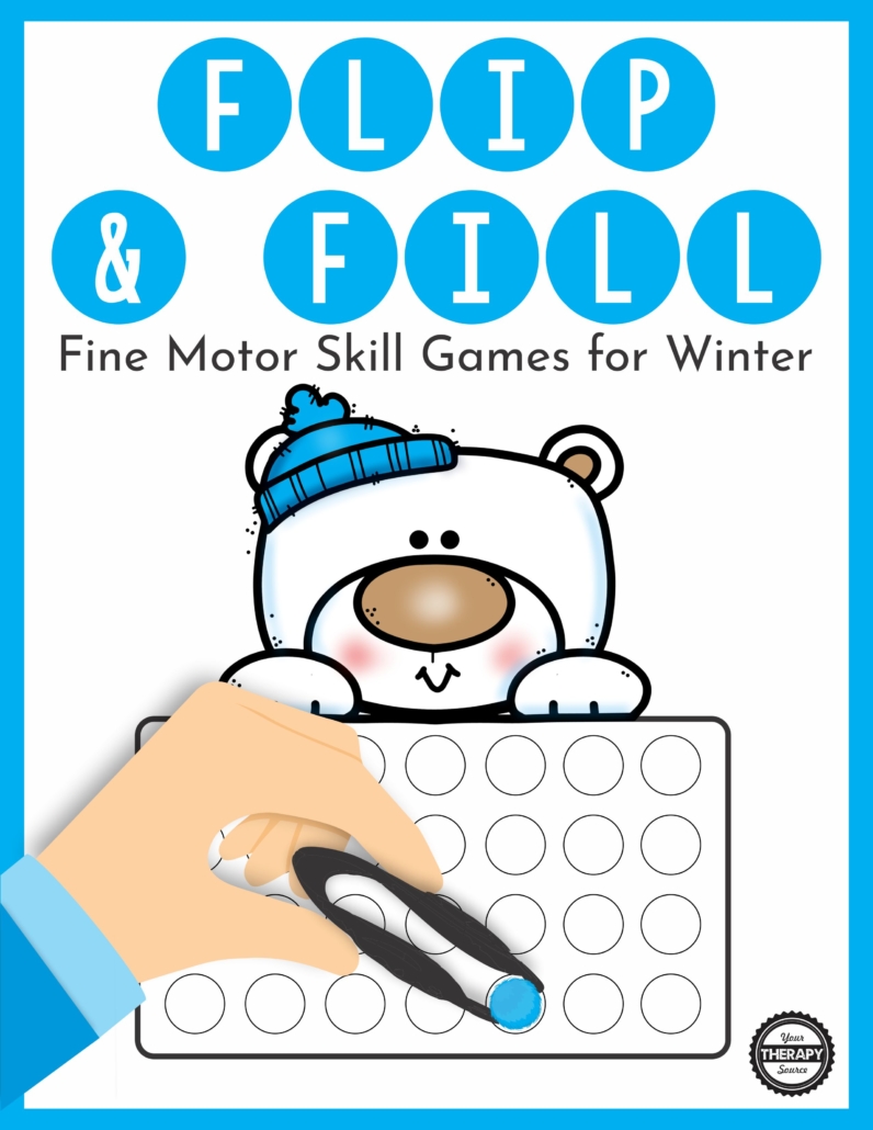 The Winter Fine Motor Activities – Flip and Fill digital download includes 15 different winter-themed game boards to practice fine motor skills and encourage hand strengthening.