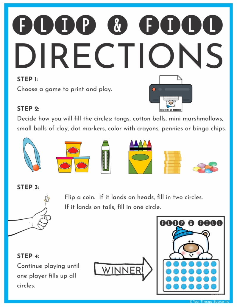 The Winter Fine Motor Activities – Flip and Fill digital download includes 15 different winter-themed game boards to practice fine motor skills and encourage hand strengthening.