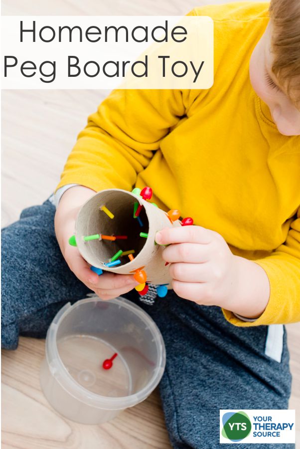 This homemade peg board activity encourages children to practice their fine motor coordination skills. Colorful and fun DIY toy.