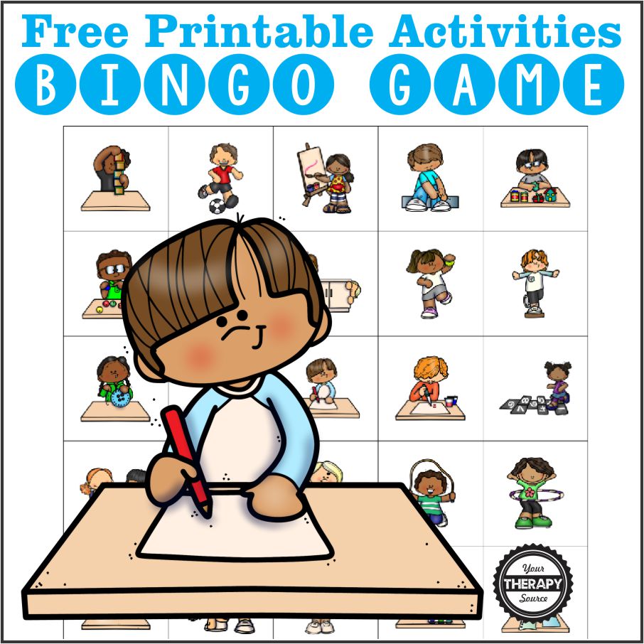If you need fine motor and gross motor suggestions for children, check out this Activity Bingo game. Free printable game from Your Therapy Source.