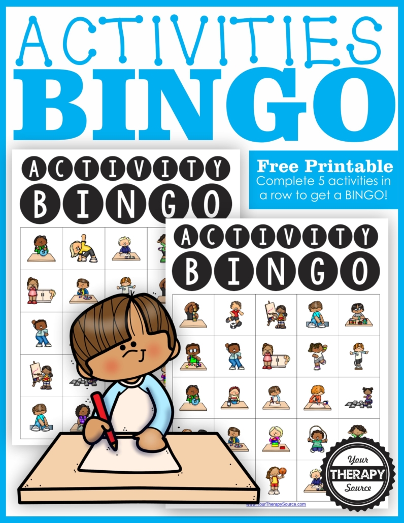 If you need fine motor and gross motor suggestions for children, check out this Activity Bingo game. Free printable game from Your Therapy Source.