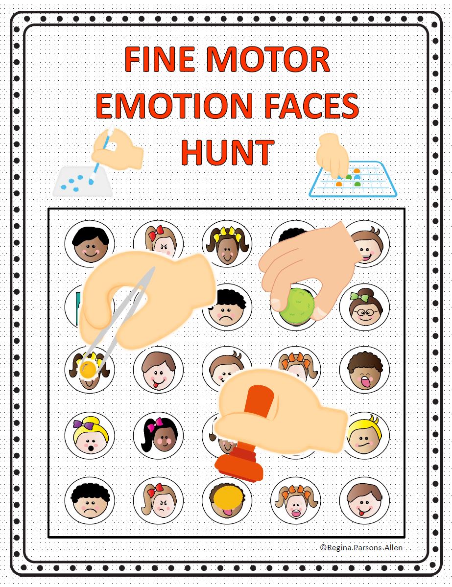 The Fine Motor Emotions Hunt digital download includes NO PREP, full color worksheets to practice fine motor skills, visual discrimination skills, visual tracking skills, and recognizing emotions.