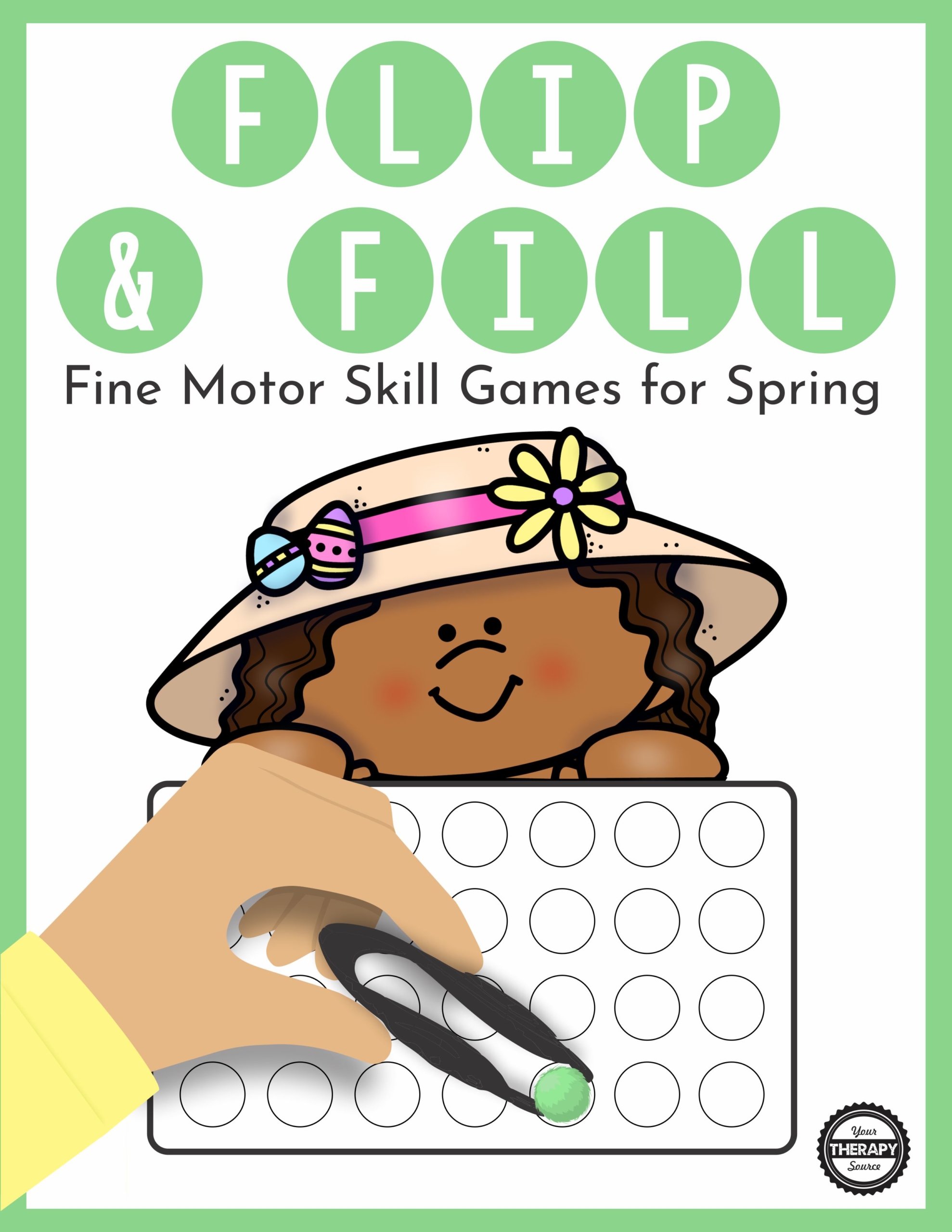 The Spring Fine Motor Activities – Flip and Fill digital download includes 20 different Spring-themed game boards to practice fine motor skills and encourage hand strengthening.