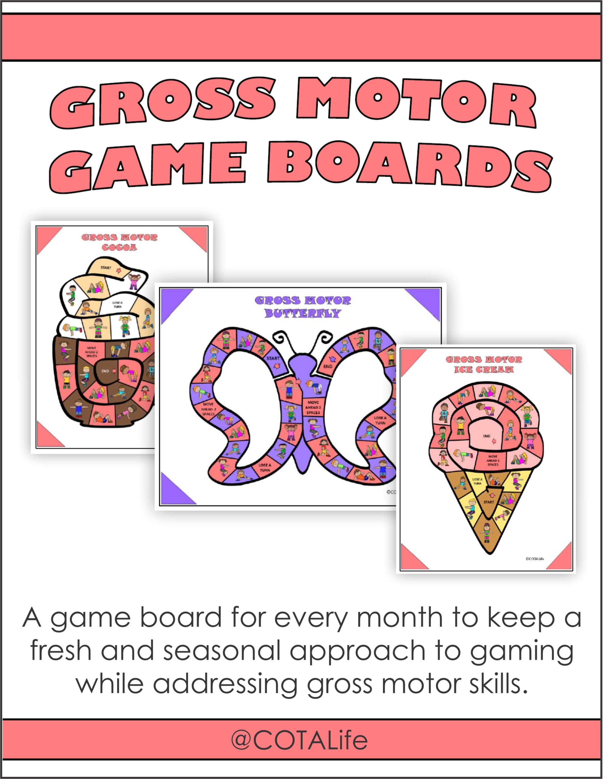 Gross Motor Board Games digital download includes 12 no-prep games to print and play to encourage gross motor skill development throughout the year.