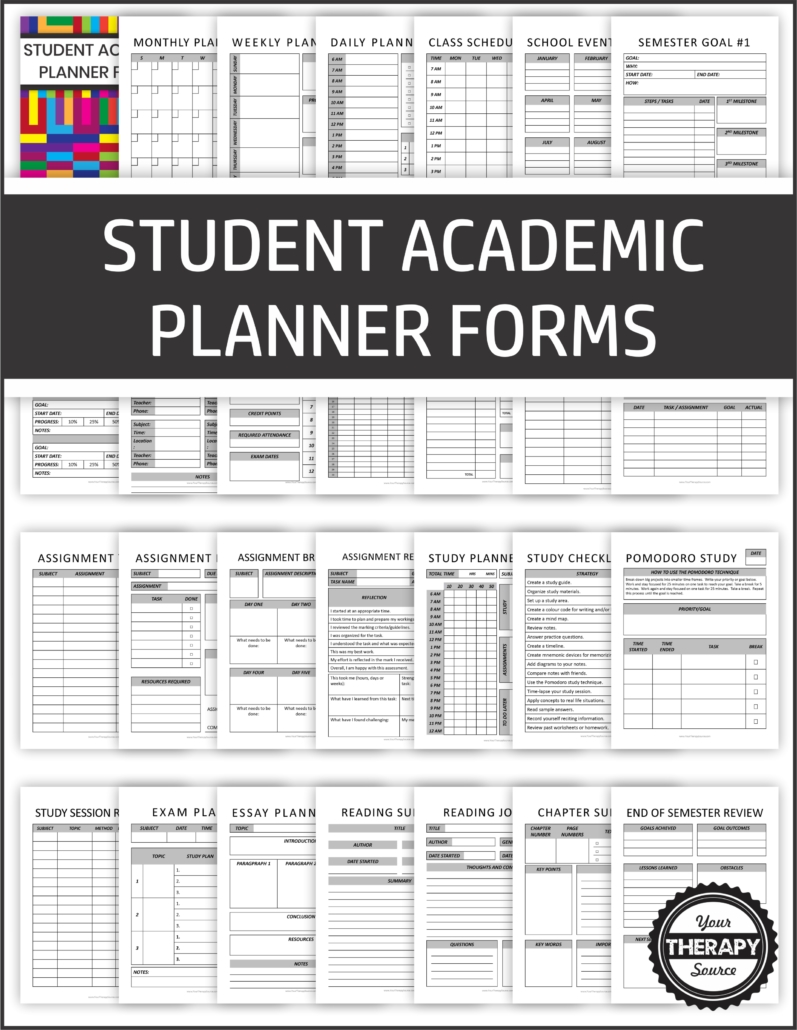 This Student Planner PDF digital document offers over 20 forms and lists to help students be more independent and succeed in school.