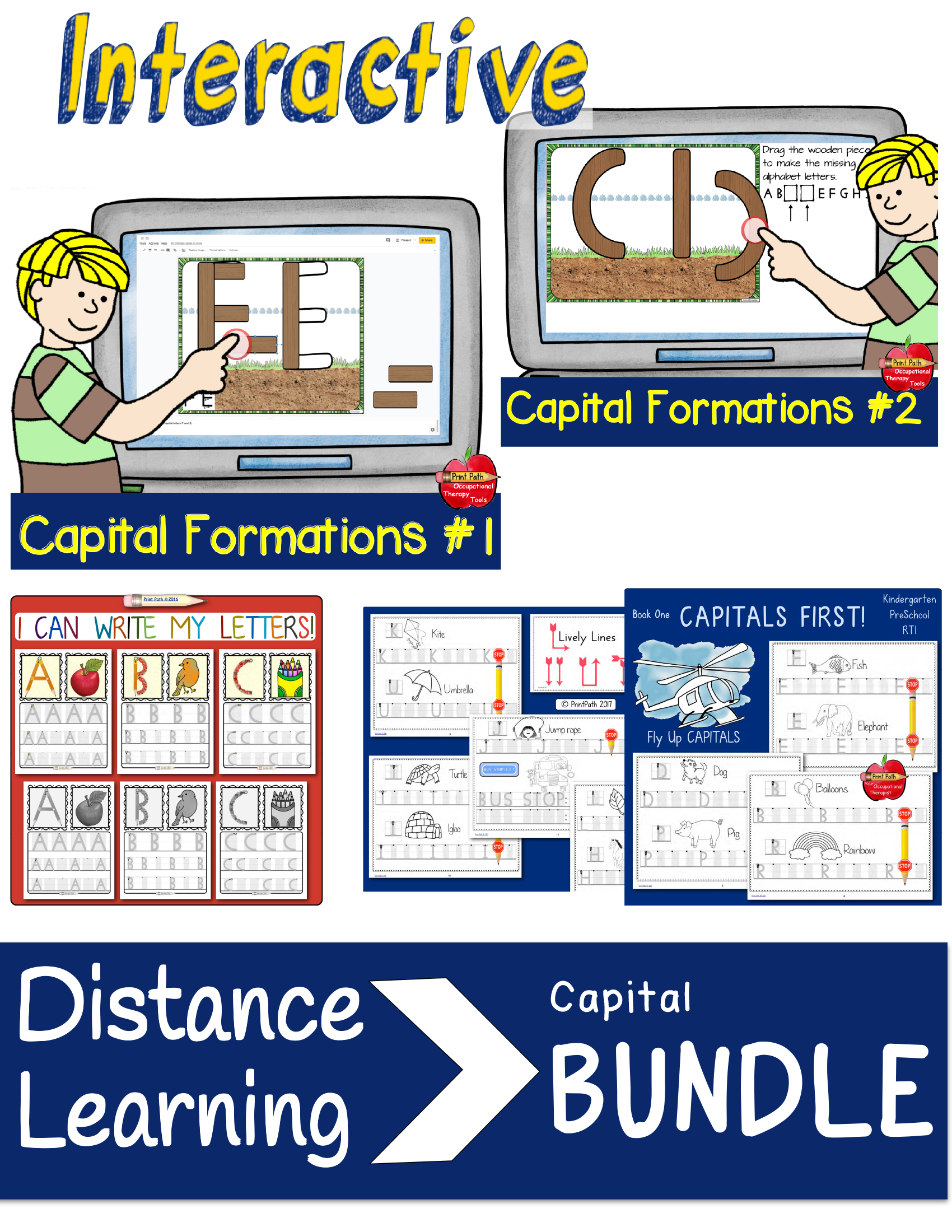 The INTERACTIVE Capital Letter Handwriting Bundle created by school-based Occupational Therapist, Thia Triggs, includes four resources for building capital letters and visual-perceptual and visual-motor skills.