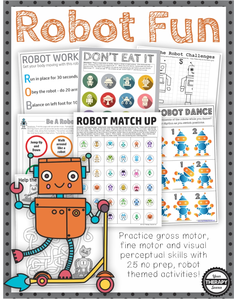 The Robot Activities, Puzzles and Games digital download includes 25 games, activities and puzzles to encourage playtime, visual perceptual skills, fine motor skills, and physical activity all with a robot theme! Perfect for any robot loving child!