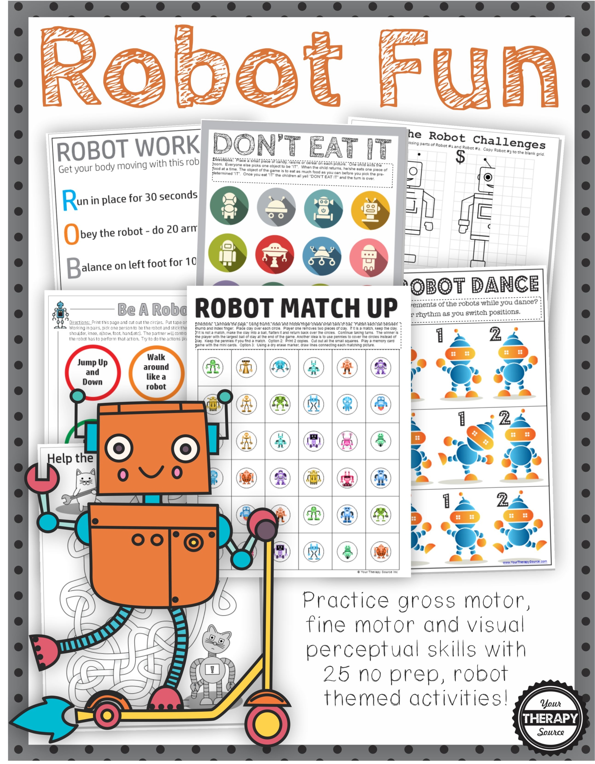 The Robot Activities, Puzzles and Games digital download includes 25 games, activities and puzzles to encourage playtime, visual perceptual skills, fine motor skills, and physical activity all with a robot theme! Perfect for any robot loving child!