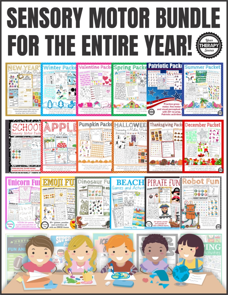 This is a HUGE BUNDLE of Themed Sensory Motor Skills and Activities.  If you want fine motor, gross motor, and visual perceptual activities for ALL YEAR LONG