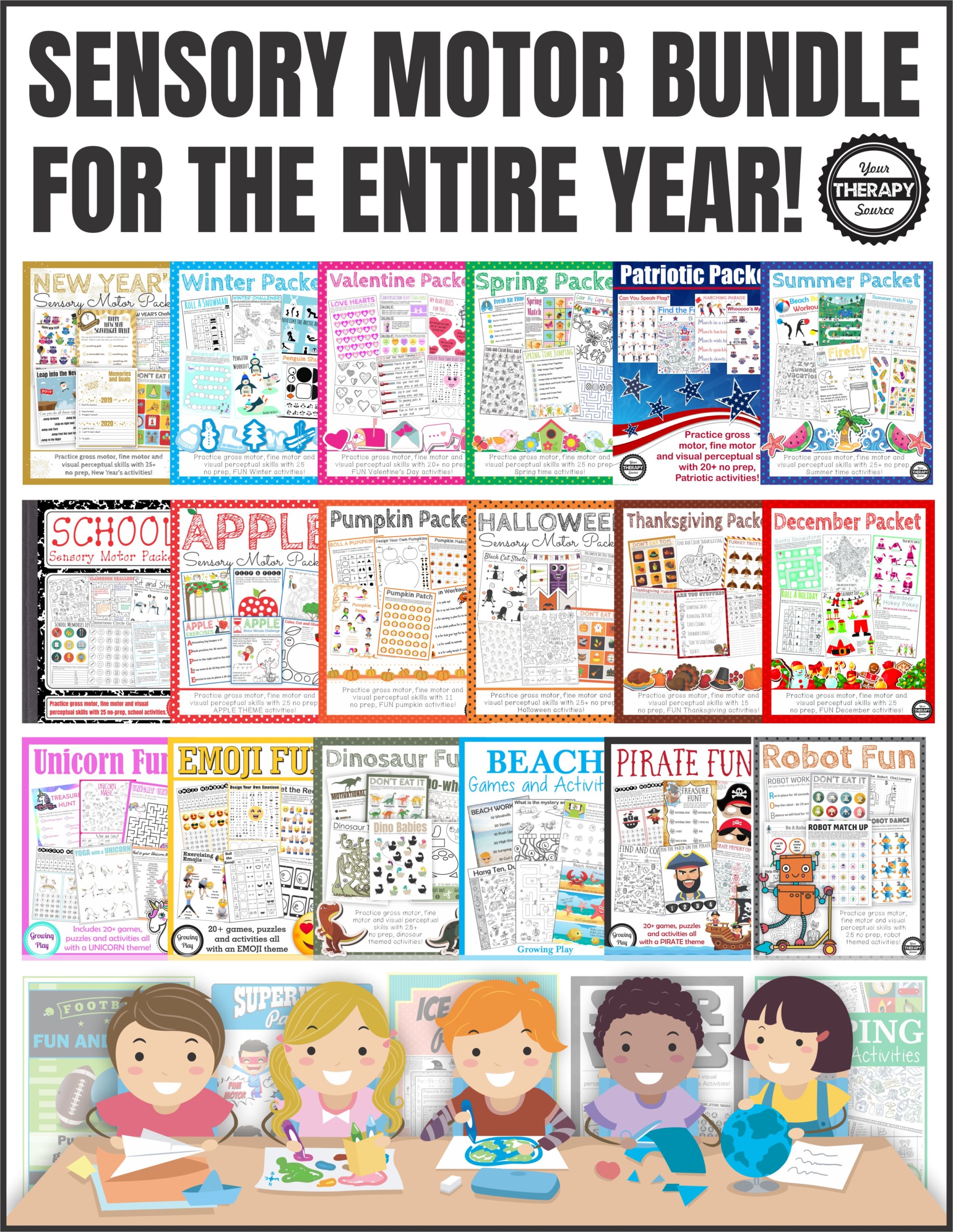 This is a HUGE BUNDLE of Themed Sensory Motor Skills and Activities.  If you want fine motor, gross motor, and visual perceptual activities for ALL YEAR LONG