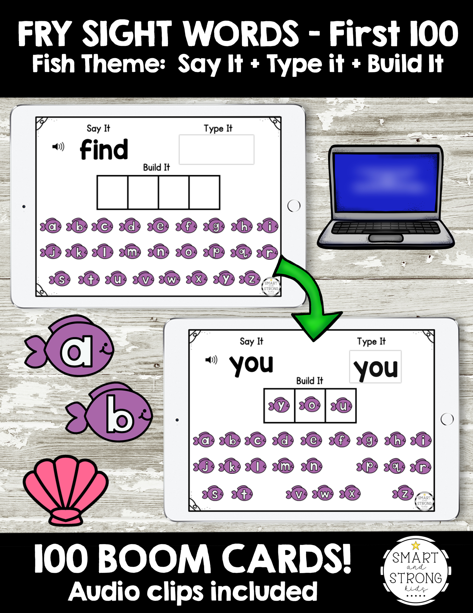 The Boom Cards - 100 Fry Sight Words - Say It, Type It, Build It - Fish Theme includes multisensory practice to learn sight words.