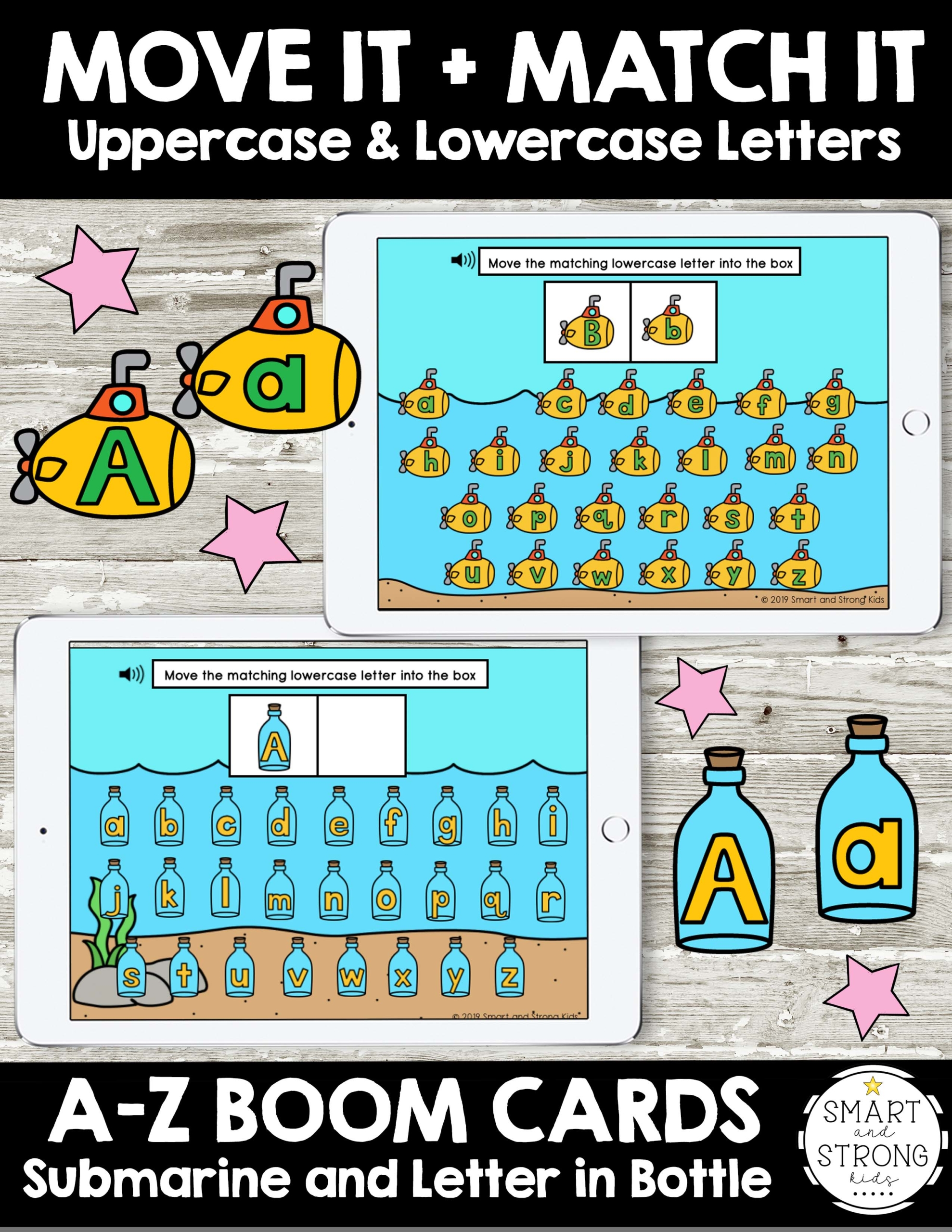 Boom Cards: Letters - Move It and Match It with Submarine and Message in a Bottle theme includes 26 Boom Cards per theme to work on matching uppercase and lowercase letters.