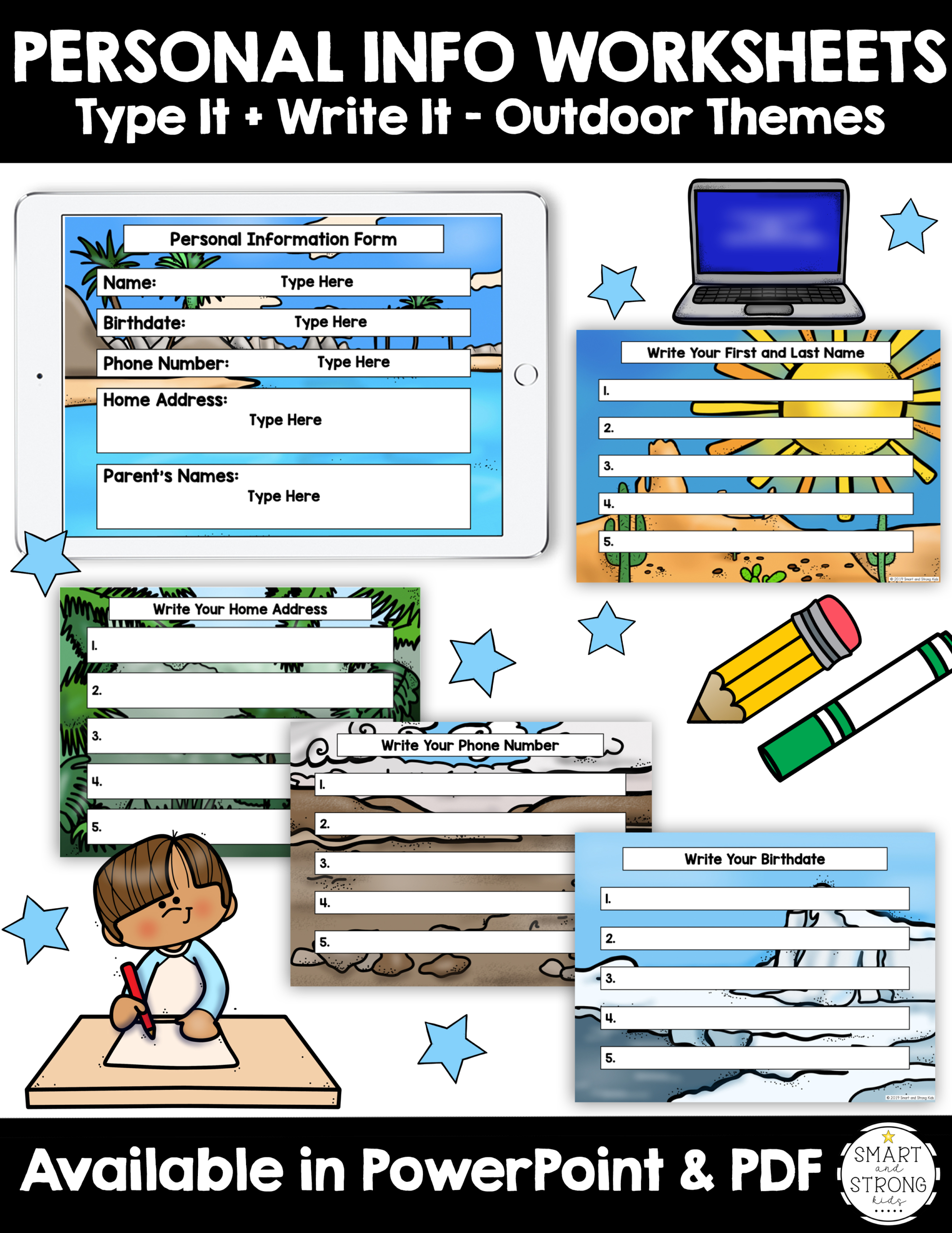 This digital set of Personal Information Worksheets - Write It & Type It includes 5 personal information questions to answer with 15 different background themes for throughout the school year.