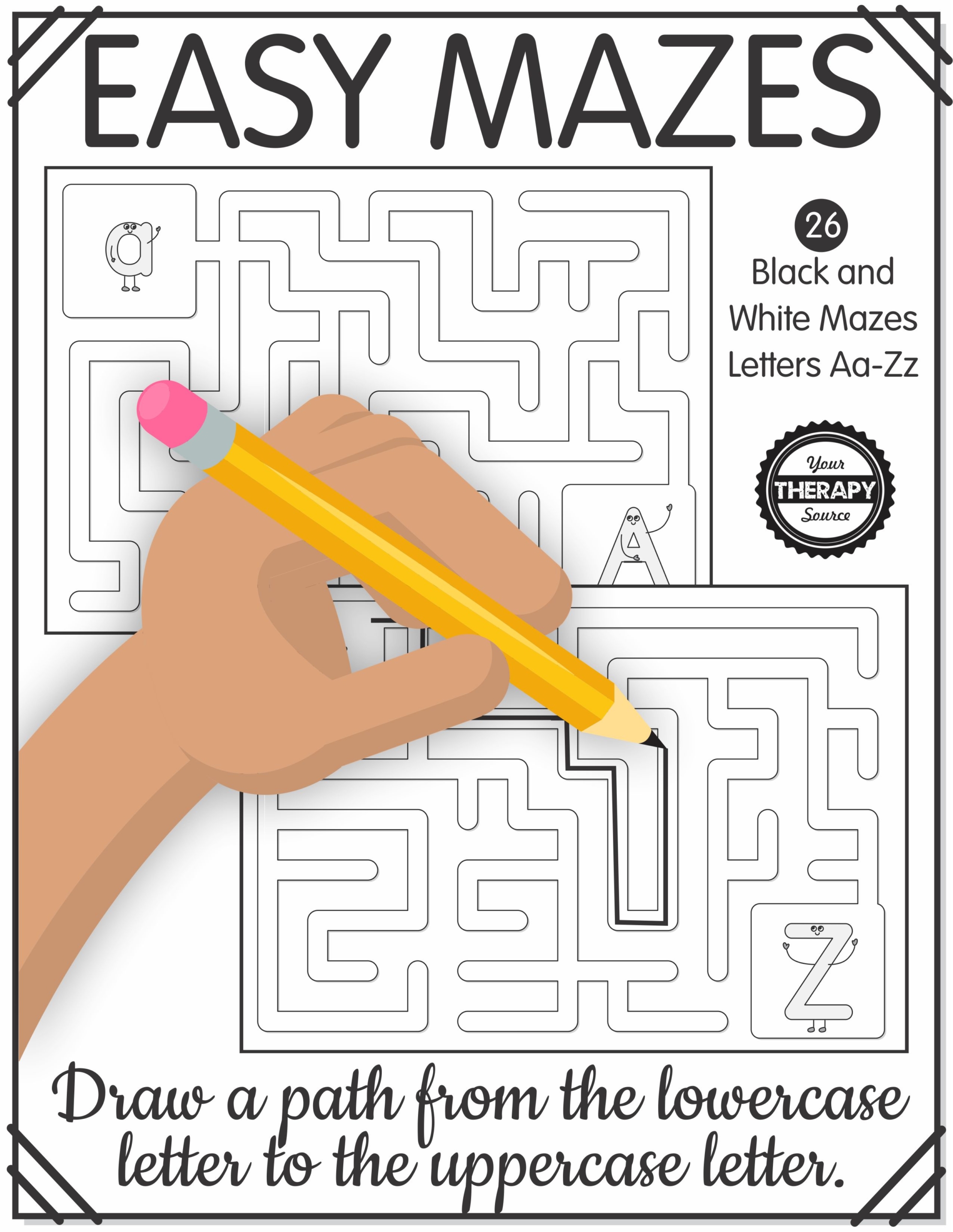 This digital download of 26 Printable Easy Mazes includes 26 simple black and white mazes.  Draw a path for the lowercase letter to get the uppercase letter. Keep letter recognition fun and engaging while you improve visual motor and visual spatial skills.  Completing mazes helps children to work on early handwriting skills, problem solving, and critical thinking!