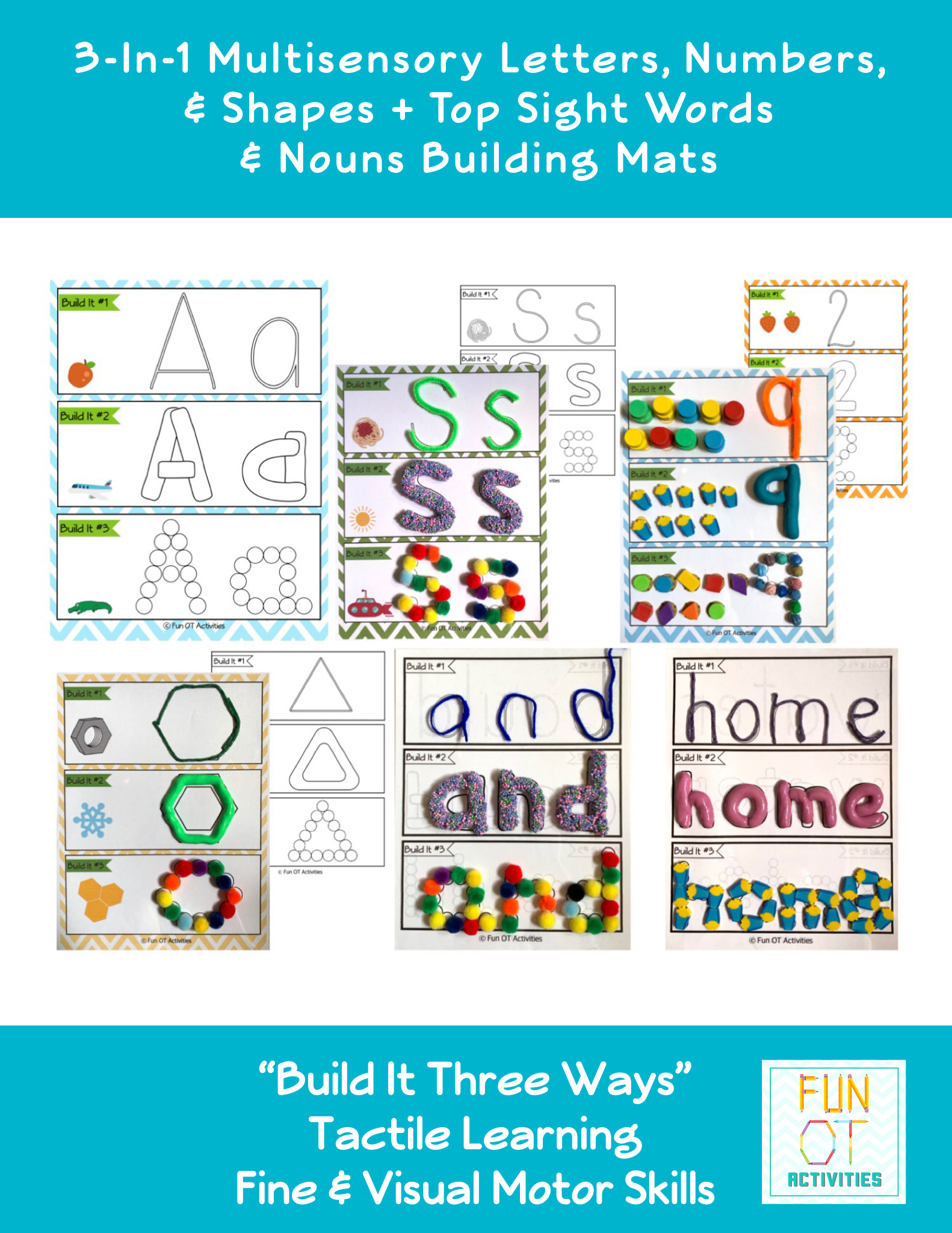 Looking for multisensory learning activities? The 3-in-1, “Build It Three Ways” letters, numbers, & shapes + sight words & nouns mega bundle multisensory activity, created by Samantha Chow Tran, M.S., OTR/L, has three of the most popular building mats conveniently located all on one page!