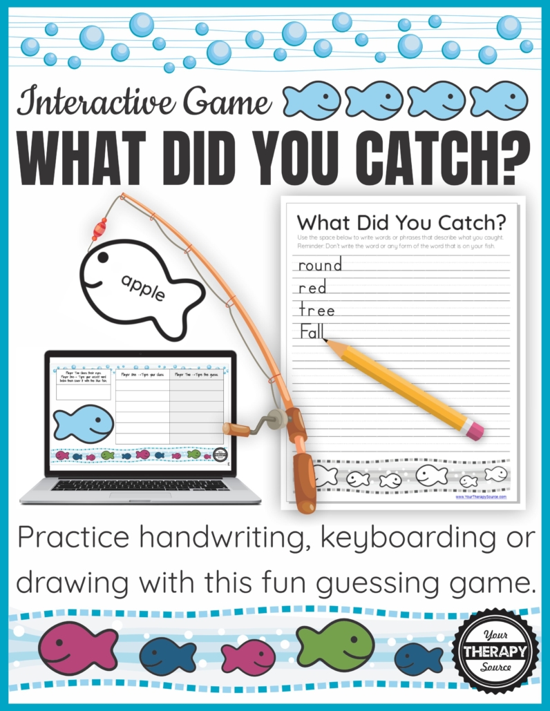 Are you looking for a fun, novel handwriting game for occupational therapy? What Did You Catch? is an interactive handwriting, keyboarding or drawing game that is perfect for distance learning, teletherapy, or in person activity.