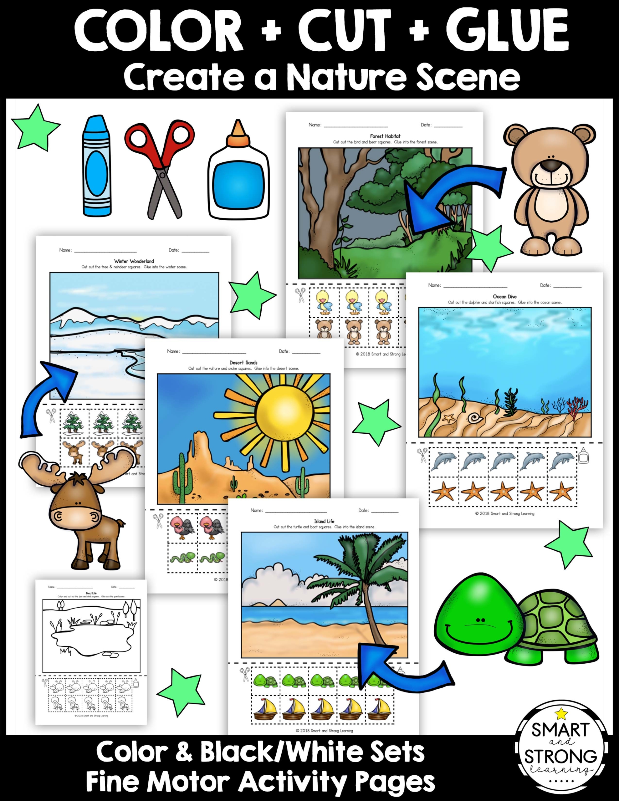 This Color Cut Glue - Create a Nature Scene digital packet includes 16 worksheets to color and cut the squares and paste them to the nature scenes