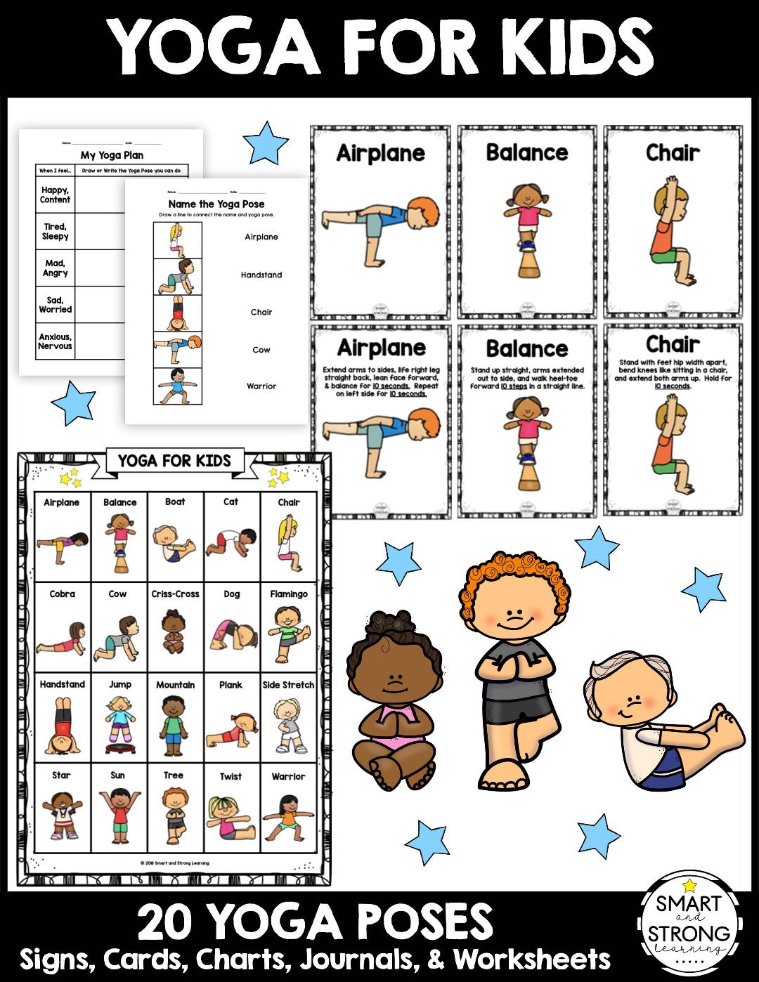 This Yoga for Kids digital bundle includes 20 different yoga poses along with journal and worksheets pages to get your yoga program started right away!
