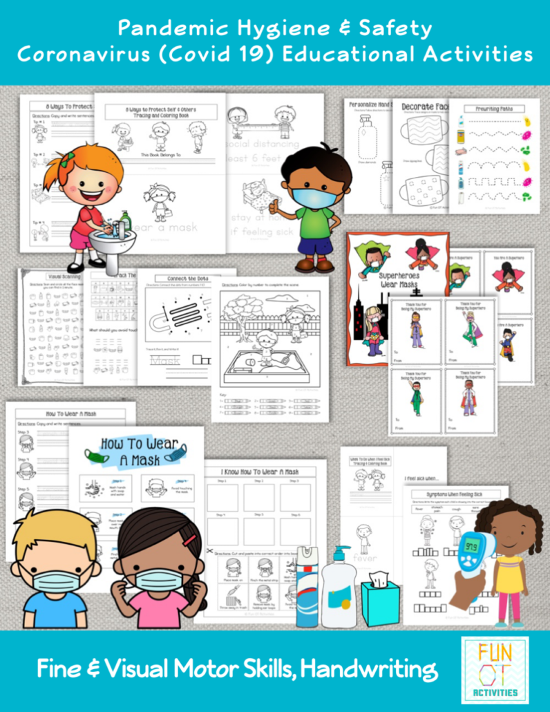 This mega COVID 19 Lesson Plans for OT - Pandemic Hygiene & Safety Coronavirus (Covid-19) Educational Activities Digital Packet, created by Samantha Chow Tran, M.S., OTR/L, is great for developing fine and visual motor skills as well as practice handwriting skills all while learning.
