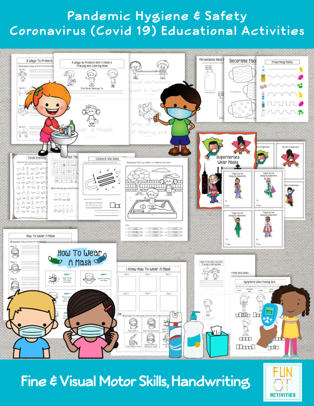 This mega COVID 19 Lesson Plans for OT - Pandemic Hygiene & Safety Coronavirus (Covid-19) Educational Activities Digital Packet, created by Samantha Chow Tran, M.S., OTR/L, is great for developing fine and visual motor skills as well as practice handwriting skills all while learning.