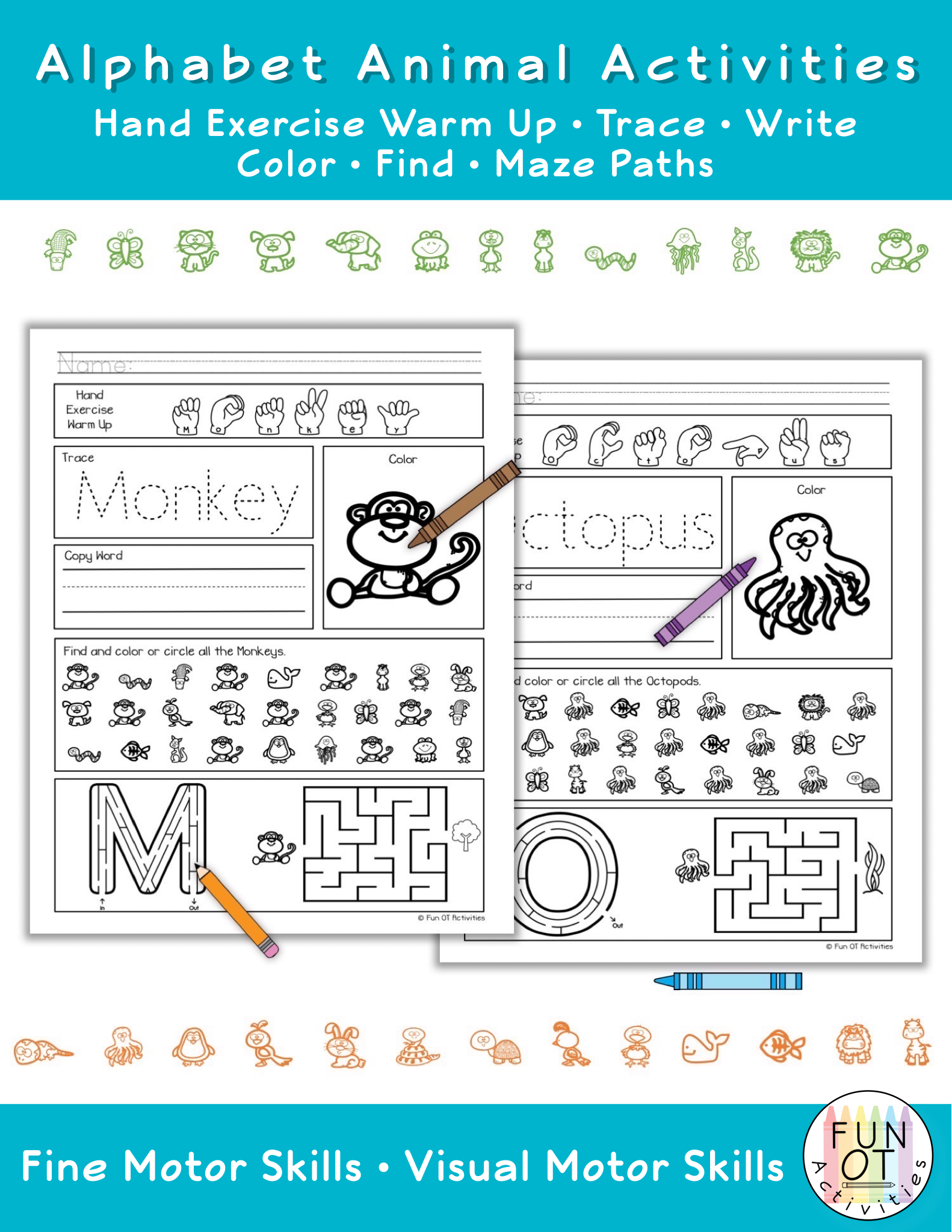 The Animal Alphabet Printable Worksheets has various tasks to practice pre-writing, handwriting, fine motor and visual motor skills.