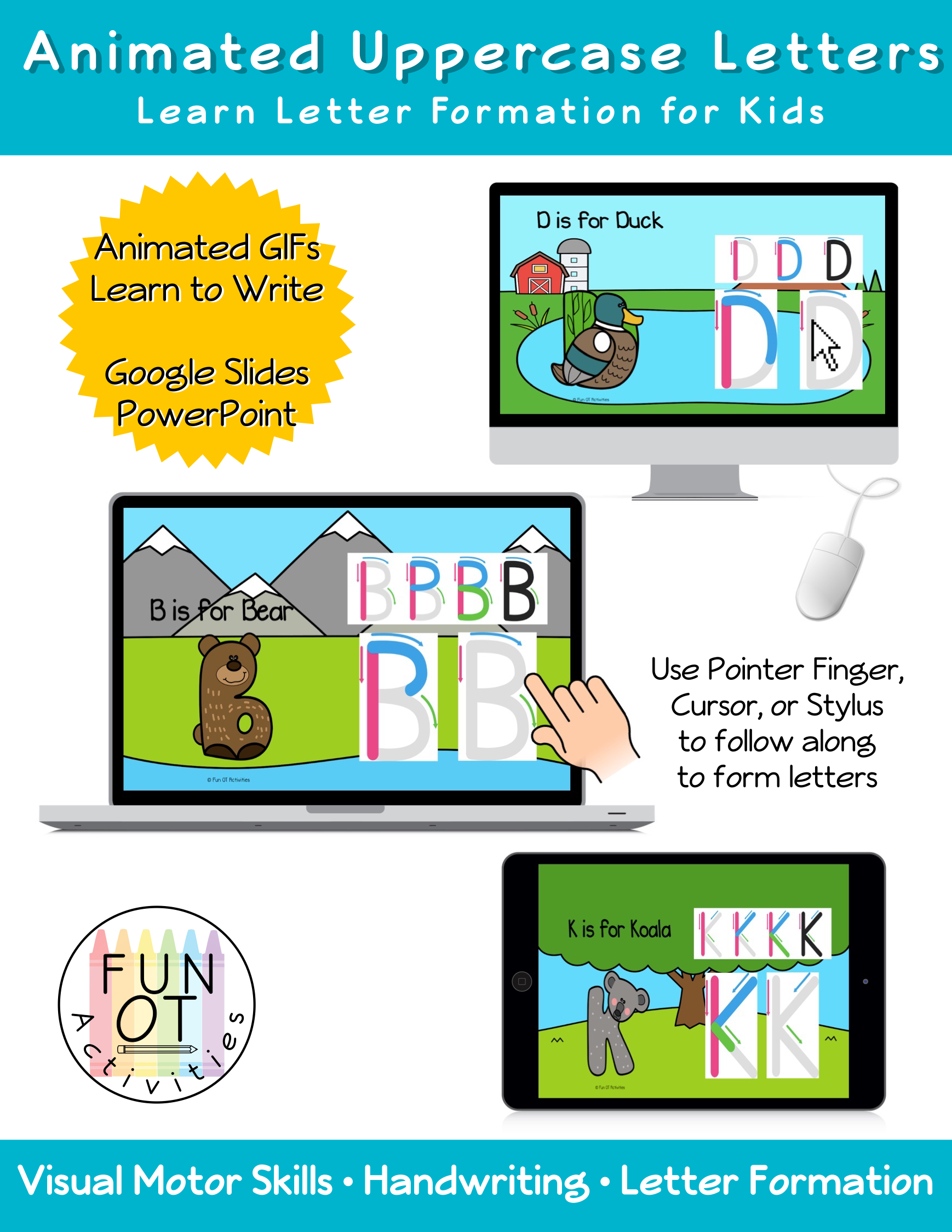this Animated Upper Case Letters interactive letter formation slide deck has children using their pointer finger, cursor on laptop/computer or stylus pen on a tablet to follow along with Animated GIFs to learn how to write uppercase letters.