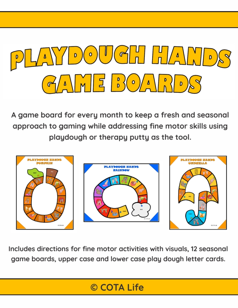 Playdough Board Games digital download includes 12 no-prep games to print and play to encourage fine motor skill development and hand strengthening throughout the year. Also includes BONUS upper case and lower case play dough letter cards!