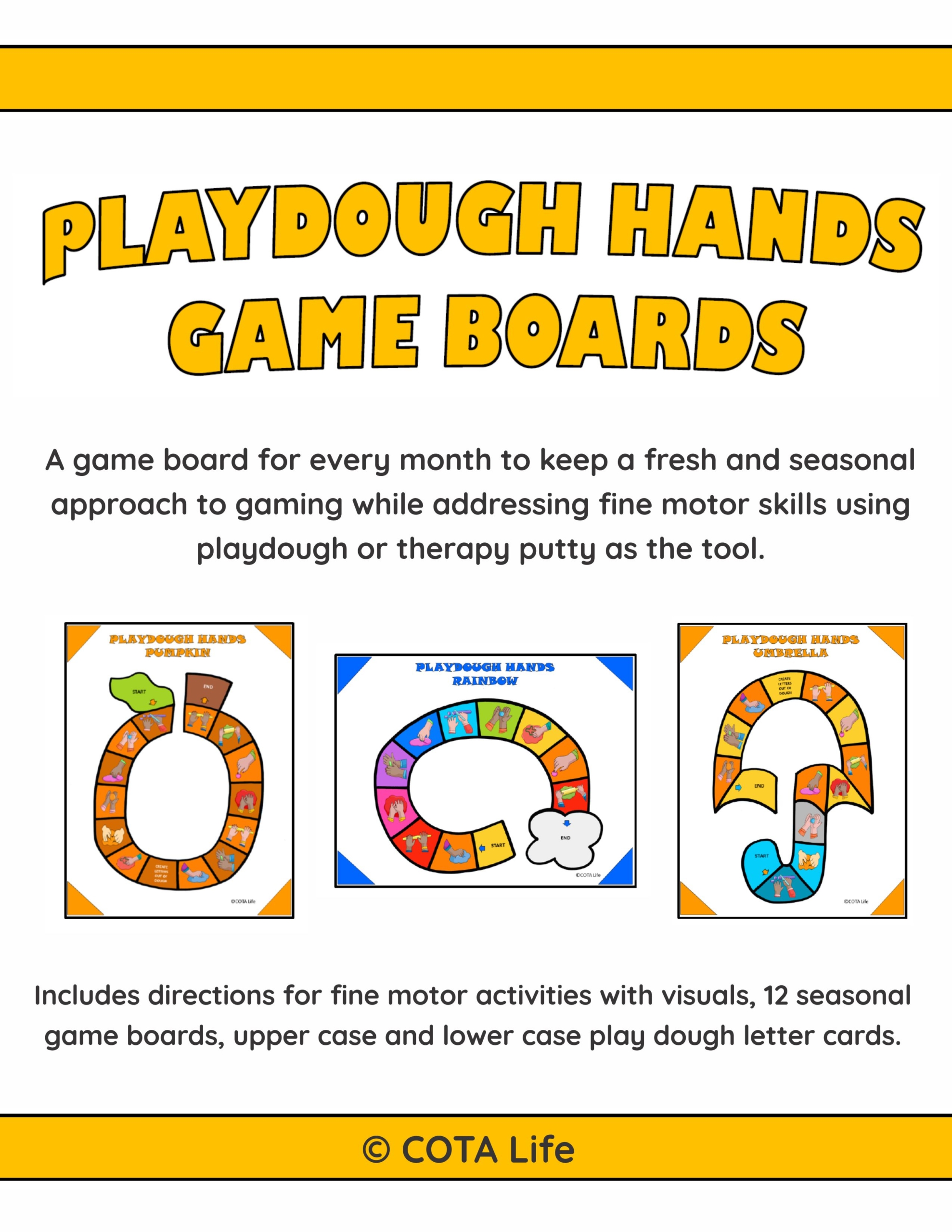 Playdough Board Games digital download includes 12 no-prep games to print and play to encourage fine motor skill development and hand strengthening throughout the year. Also includes BONUS upper case and lower case play dough letter cards!
