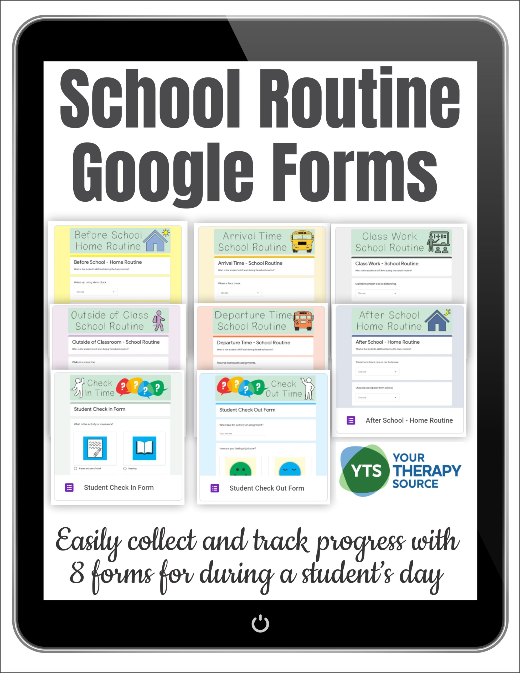 These School Routine Checklists include 8 Google Forms to help collect baseline data and progress monitoring functional skills throughout the school day and at home