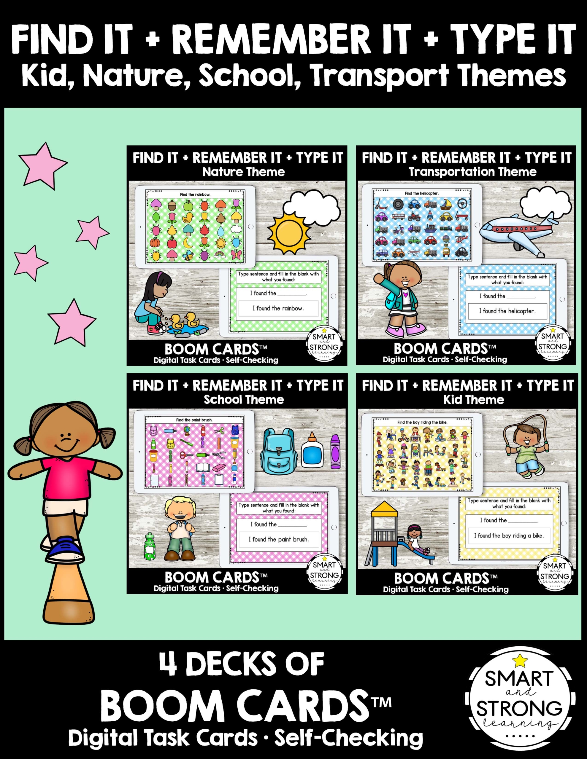 If you are in search for visual perceptual, working memory and keyboarding activity, check out these 4 Boom card decks, Find It, Remember It, Type It created bu Christine the OT from Smart and Strong Learning.