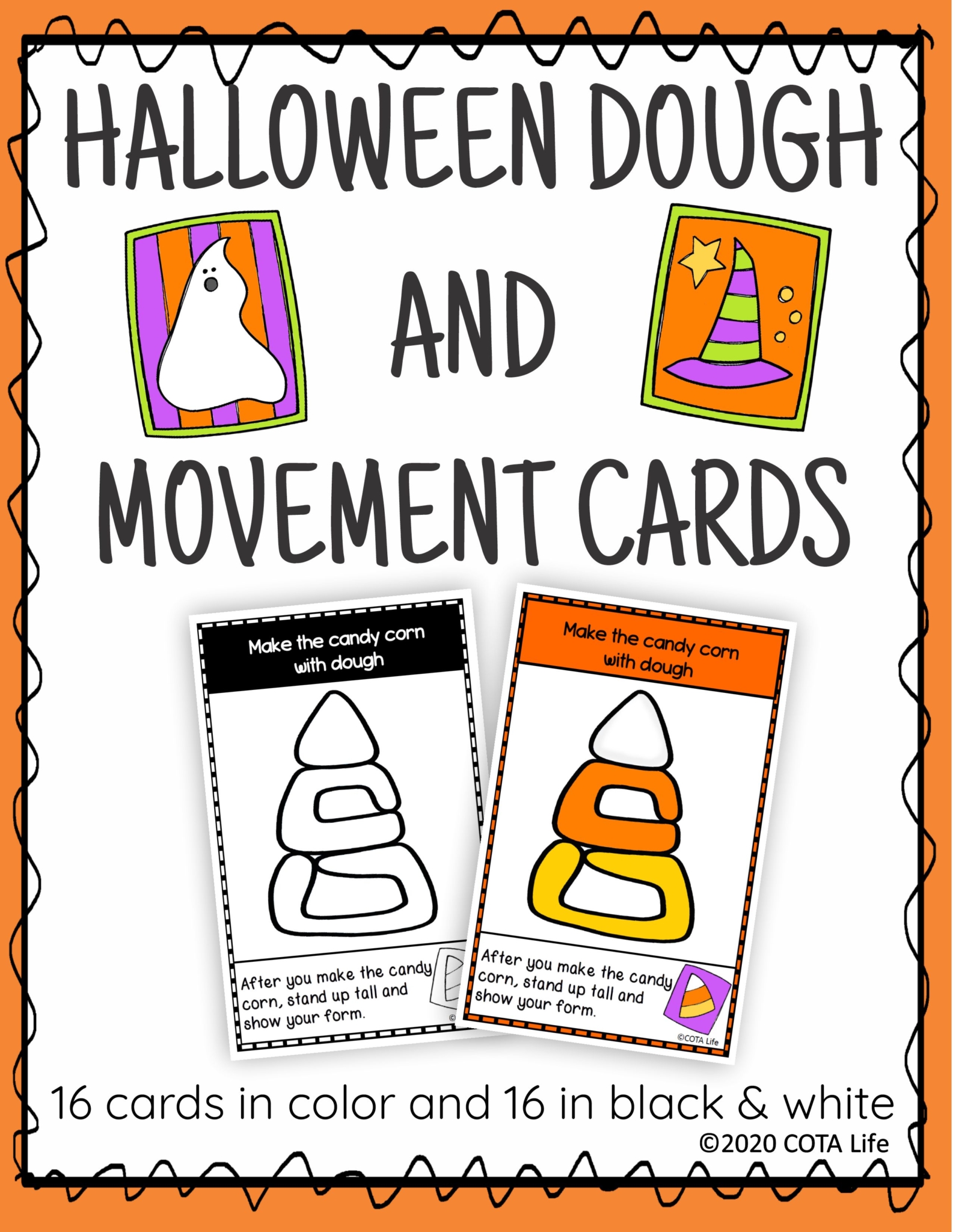 The Halloween Play Dough and Movement Cards are designed for children to engage in the activity of play dough use and body movements with the festive theme of Halloween.