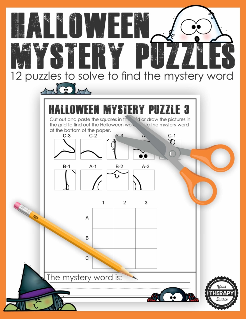 The Halloween Puzzles Printable digital download included 12 mystery puzzles to challenge your student's spatial reasoning, visual closure, visual motor and handwriting skills!