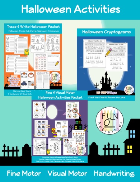 This Halloween Activity Packet is a No-Prep Bundle (Fine Motor, Visual Motor, Bilateral coordination, & Handwriting) that includes over 100 pages to encourage children to practice fine motor, visual motor and handwriting skills all with a Halloween theme.
