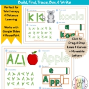 The Interactive Build, Find, Trace, Box, & Write Uppercase Foods & Lowercase Animals digital packet is perfect for distance learning, teletherapy and in-person!