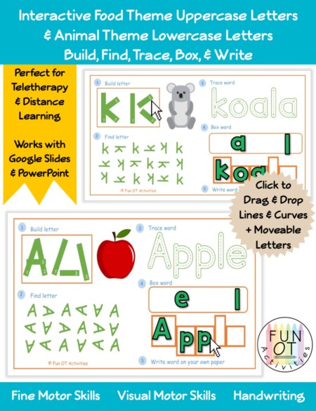 The Interactive Build, Find, Trace, Box, & Write Uppercase Foods & Lowercase Animals digital packet is perfect for distance learning, teletherapy and in-person!