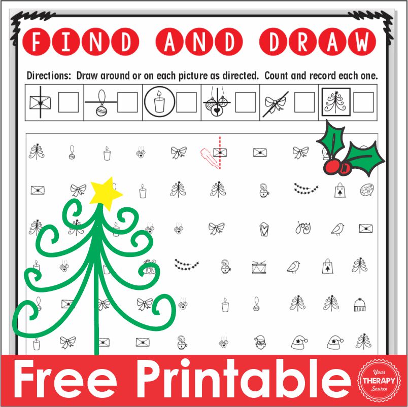 The December Find and Draw free PDF printable page challenges children's visual scanning, visual discrimination, and visual motor skills.
