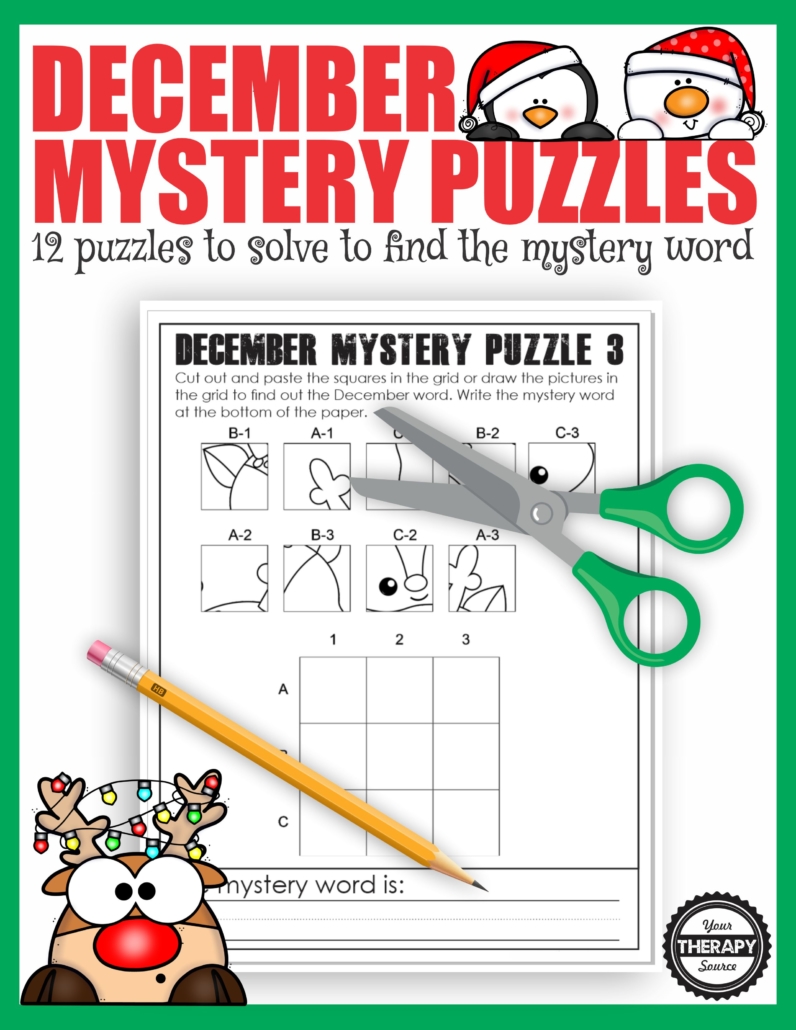 The December Puzzles Printable digital download includes 12 mystery puzzles to challenge your student’s fine motor skills, spatial reasoning, visual closure, visual motor and handwriting skills!