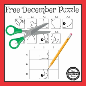 This December cut and paste FREE PDF freebie will challenge your student’s fine motor skills, visual perceptual skills and handwriting all with this one page printable.
