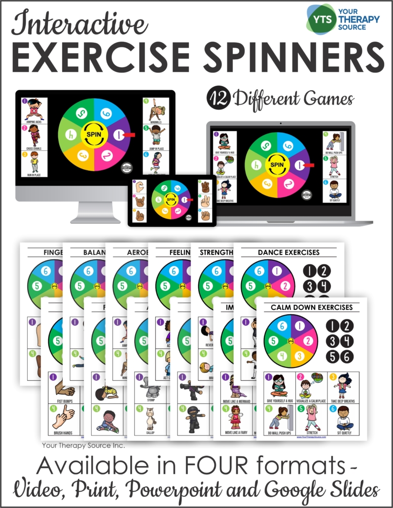 Busy teachers, therapists, and parents can start incorporating these fitness games for kids in small spaces with zero preparation. Just hit PLAY on the Exercise Spinners and you are all set to go.