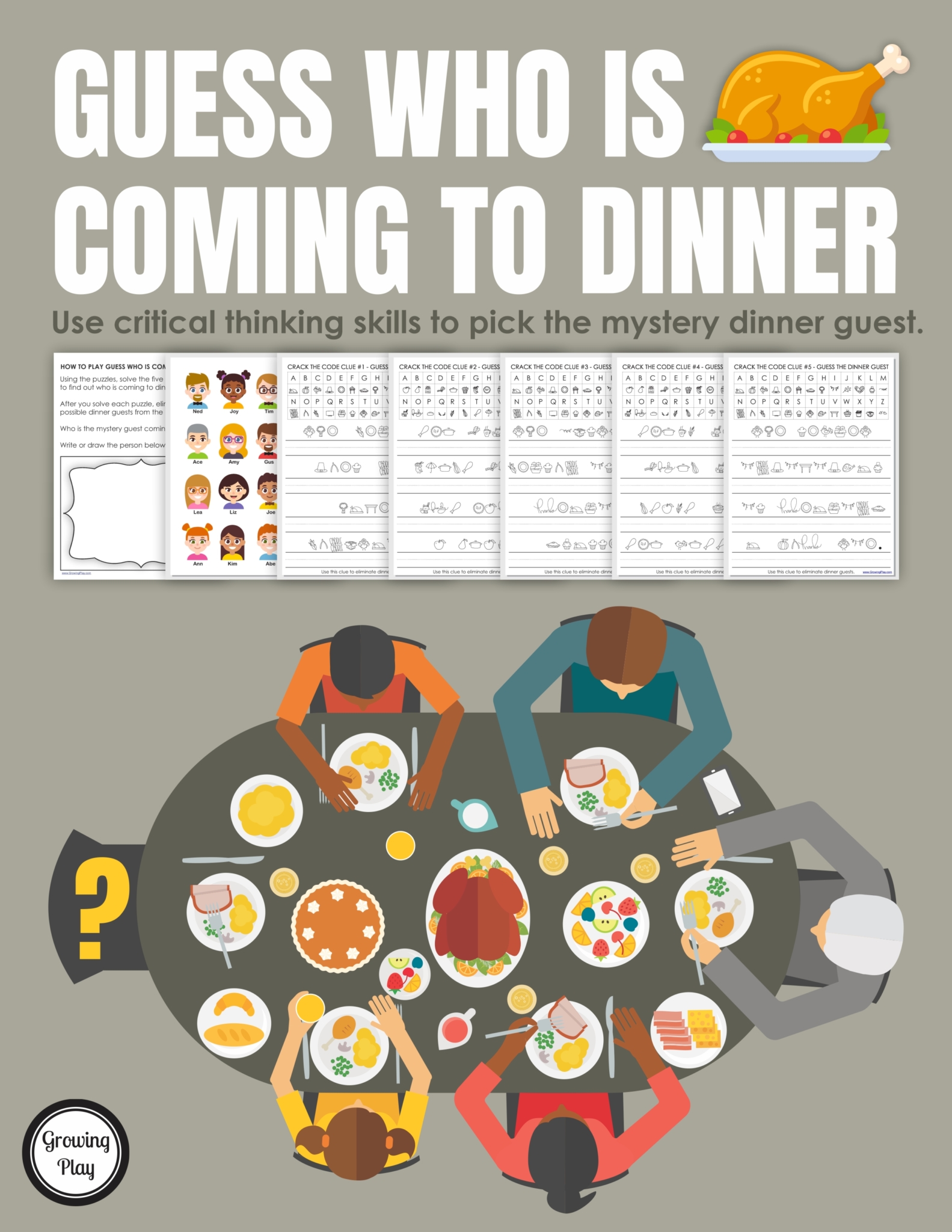 This Guess Who Is Coming to Dinner mystery Thanksgiving cryptogram puzzle includes 5 clues to solve to find out the mystery dinner guest.