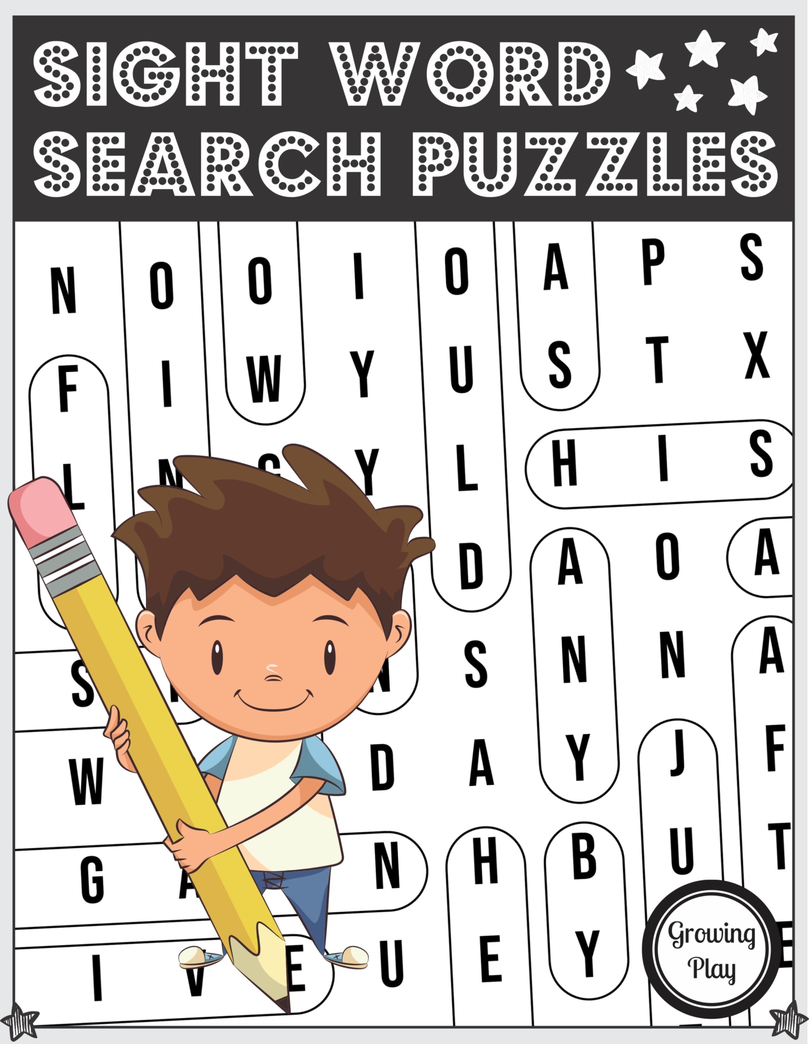 The Sight Word Puzzle Printable packet includes 15 easy word search puzzles to reinforce learning sight words and visual scanning skills.