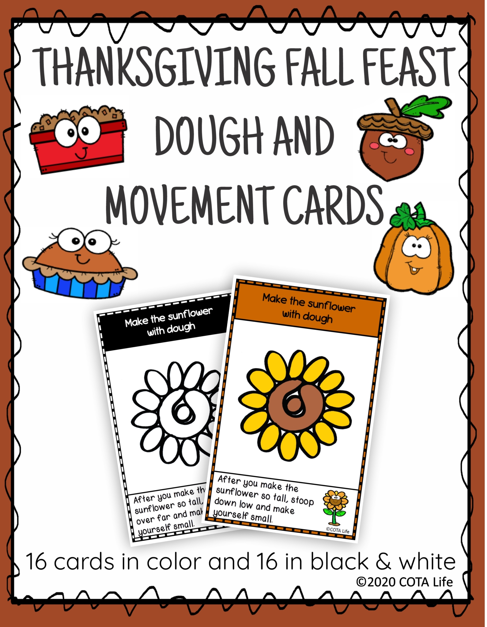 The Thanksgiving Play Dough and Movement Cards are designed for children to engage in the activity of play dough use and body movements with the festive theme of Thanksgiving Fall feasts.