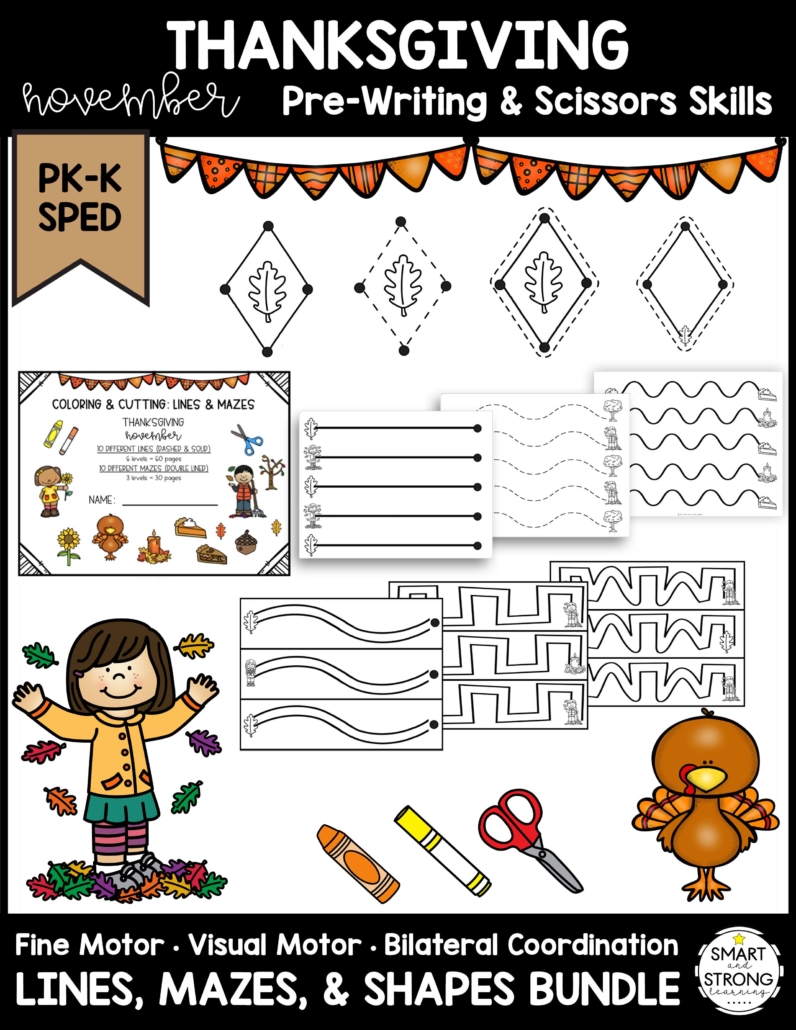 The Thanksgiving Prewriting and Shapes digital packet includes a wide variety of pre-writing and shape activities to work on foundational fine motor skills.