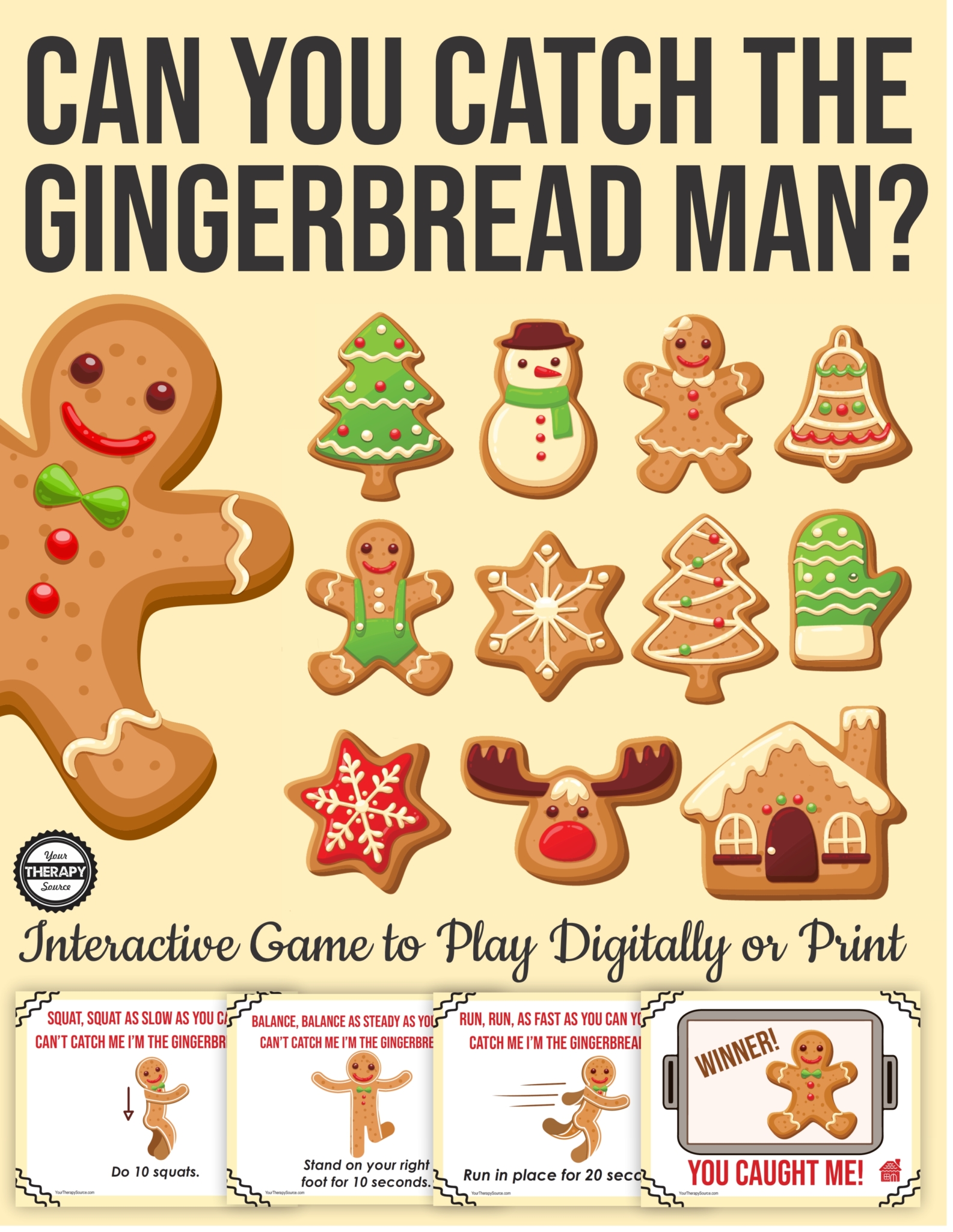 Do you need a super easy, NO PREP, Gingerbread Man game for your students? This interactive PDF is ready to go to use digitally or print to get your kids moving!