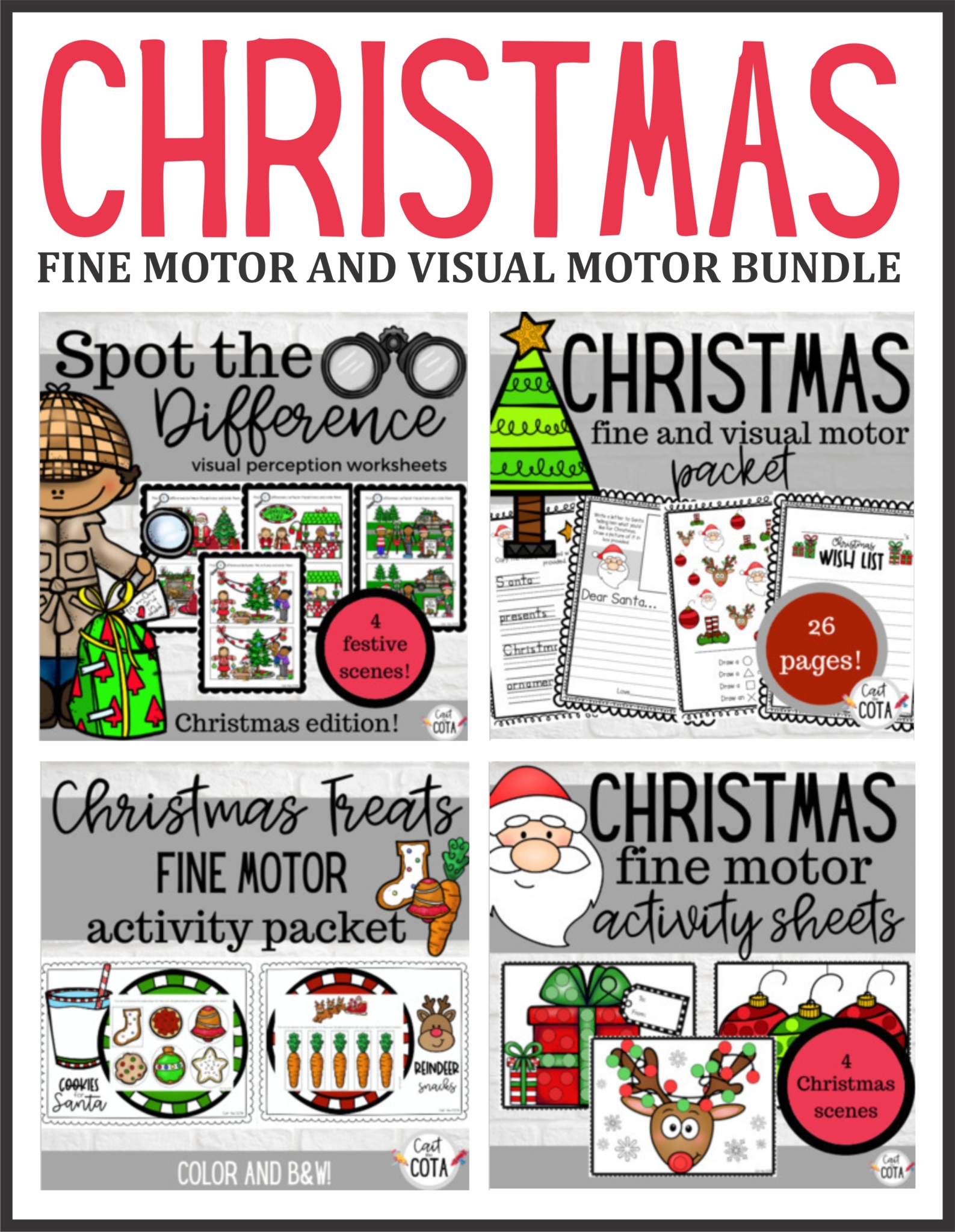 This Christmas Visual Motor and Fine Motor Bundle includes 4 different resources to encourage children to develop their visual motor and fine motor skills during the Christmas season!