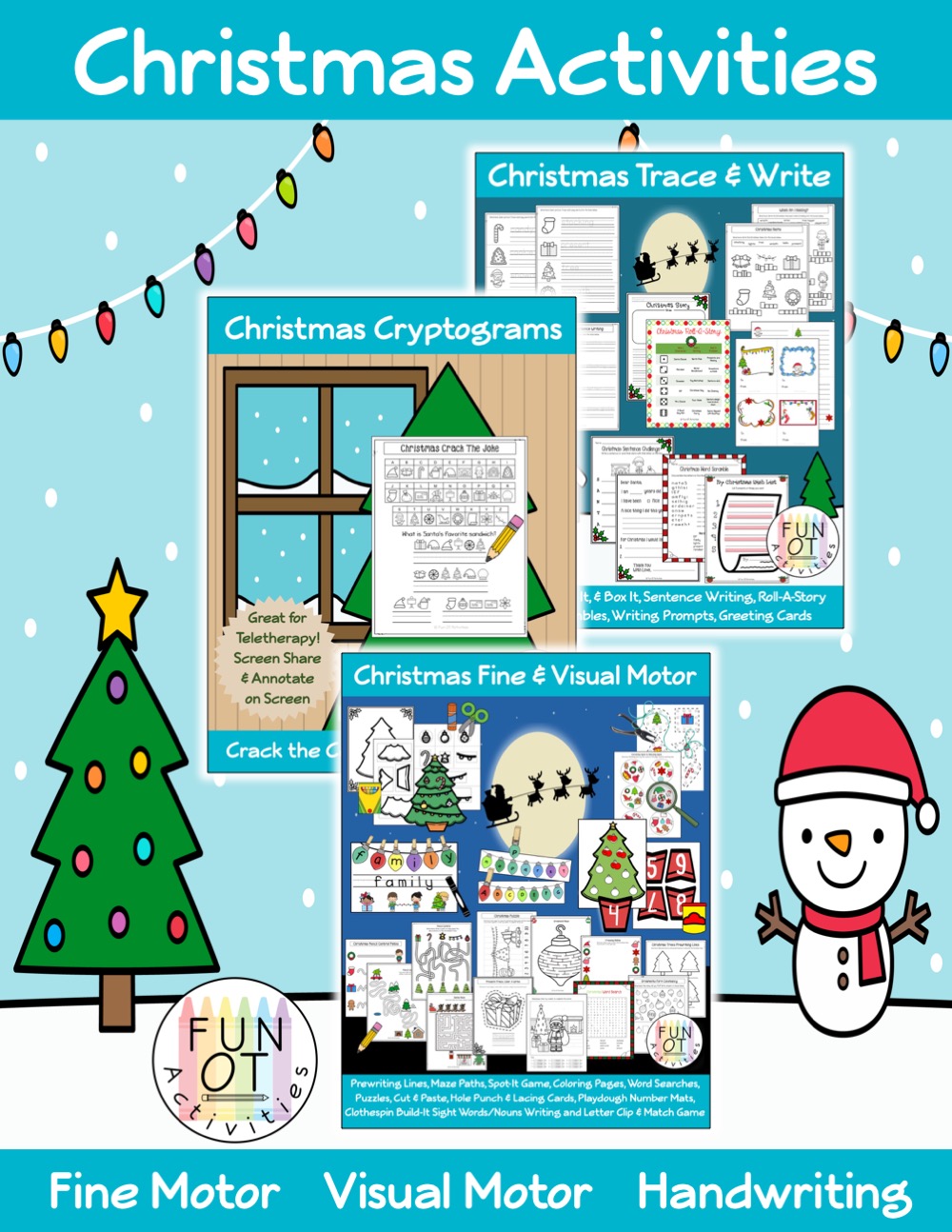 This Christmas Activity Packet is a Low to No Prep Bundle that includes over 140 pages to encourage children to practice fine motor, visual motor, bilateral hand coordination, and handwriting skills all with a Christmas theme.